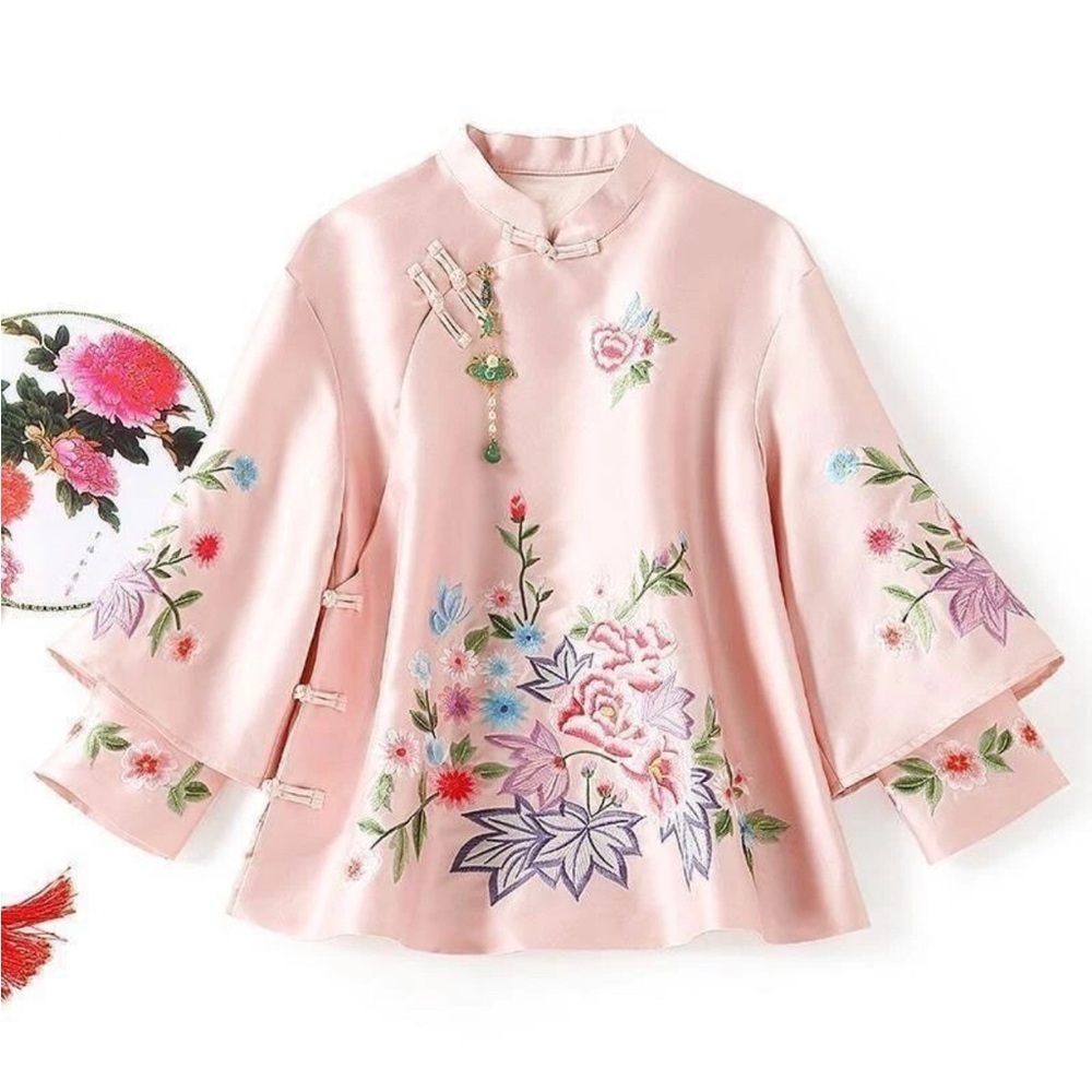 Tang Suit Coat Embroidery Chinese Tops Women Blouse Satin Loose Female Size M - Picture 3 of 12
